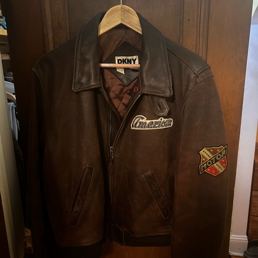 DKNY Brown Leather Jacket with Patches